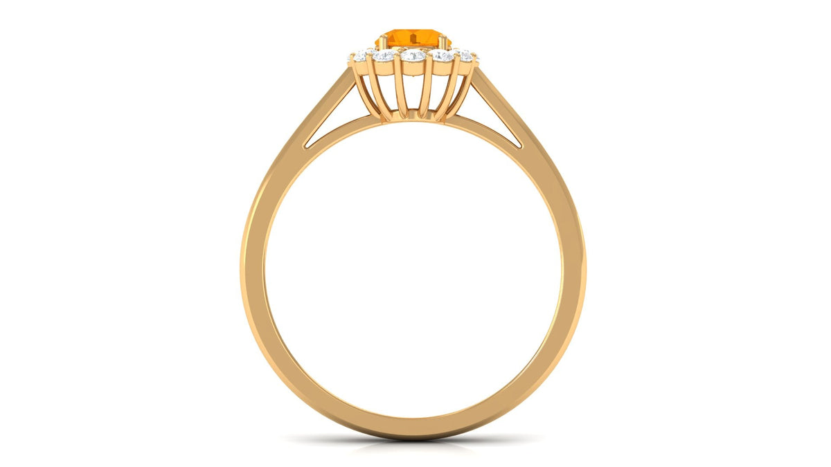 Fire opal and diamond floating halo engagement ring by Rosec Jewels, showcasing a 1 ct fire opal center stone with sparkling diamond accents.