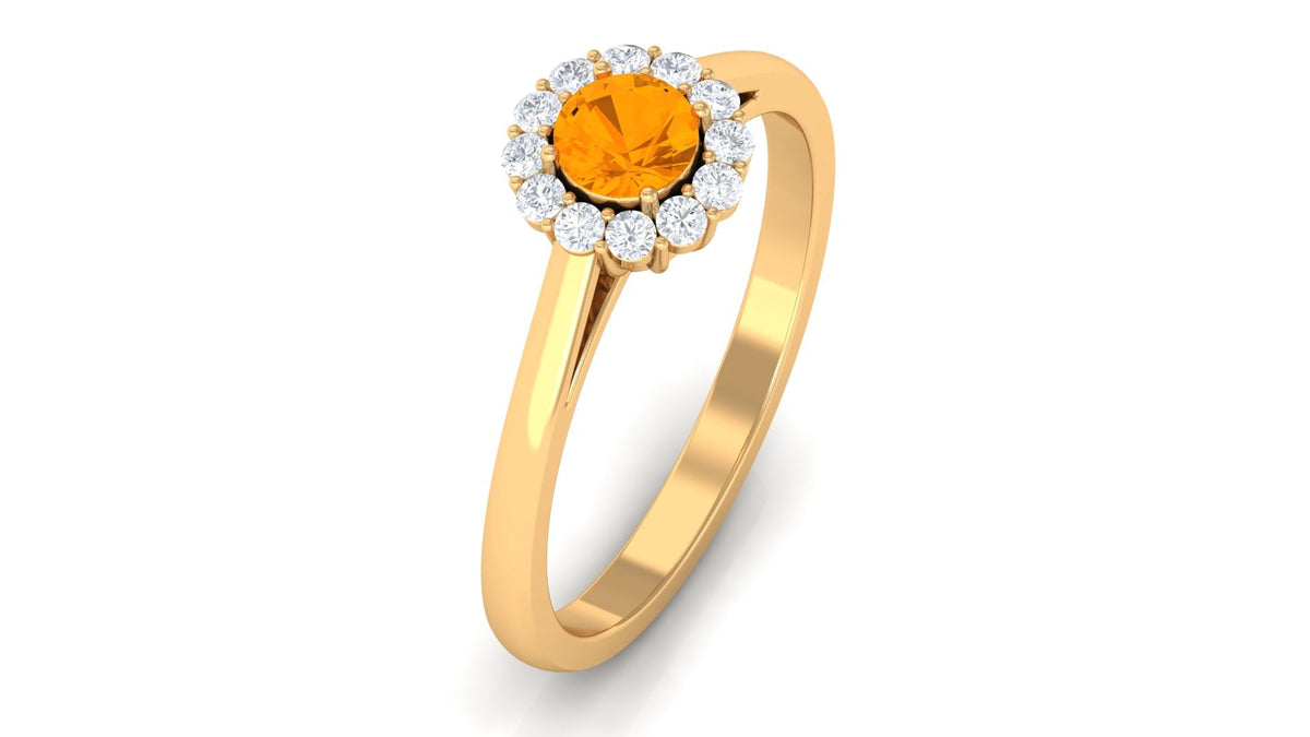 Rosec Jewels 1 CT fire opal and diamond floating halo engagement ring showcasing a vibrant fire opal center stone surrounded by sparkling diamonds.