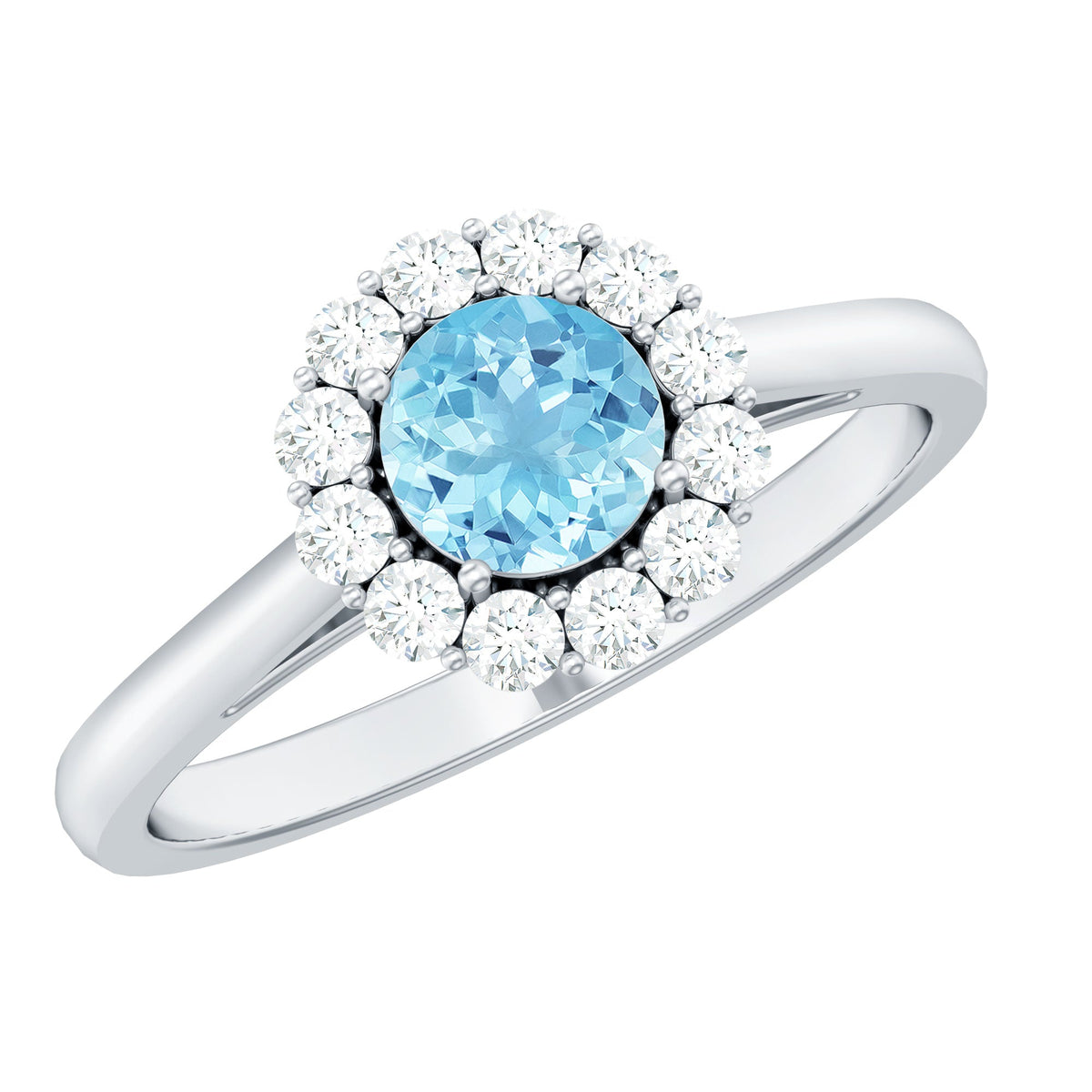 Close-up of Rosec Jewels 1 CT aquamarine and diamond floating halo engagement ring showcasing the intricate design and sparkling stones.