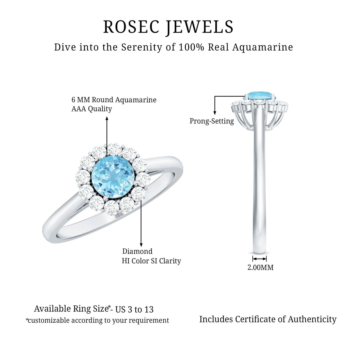 Elegant 1-carat aquamarine and diamond floating halo engagement ring by Rosec Jewels, featuring a stunning gemstone and intricate design.