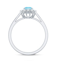 1 CT aquamarine and diamond floating halo engagement ring from Rosec Jewels, showcasing the intricate design and sparkling stones.