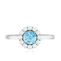 Aquamarine and diamond floating halo engagement ring by Rosec Jewels, showcasing a 1-carat aquamarine center stone with diamond accents.