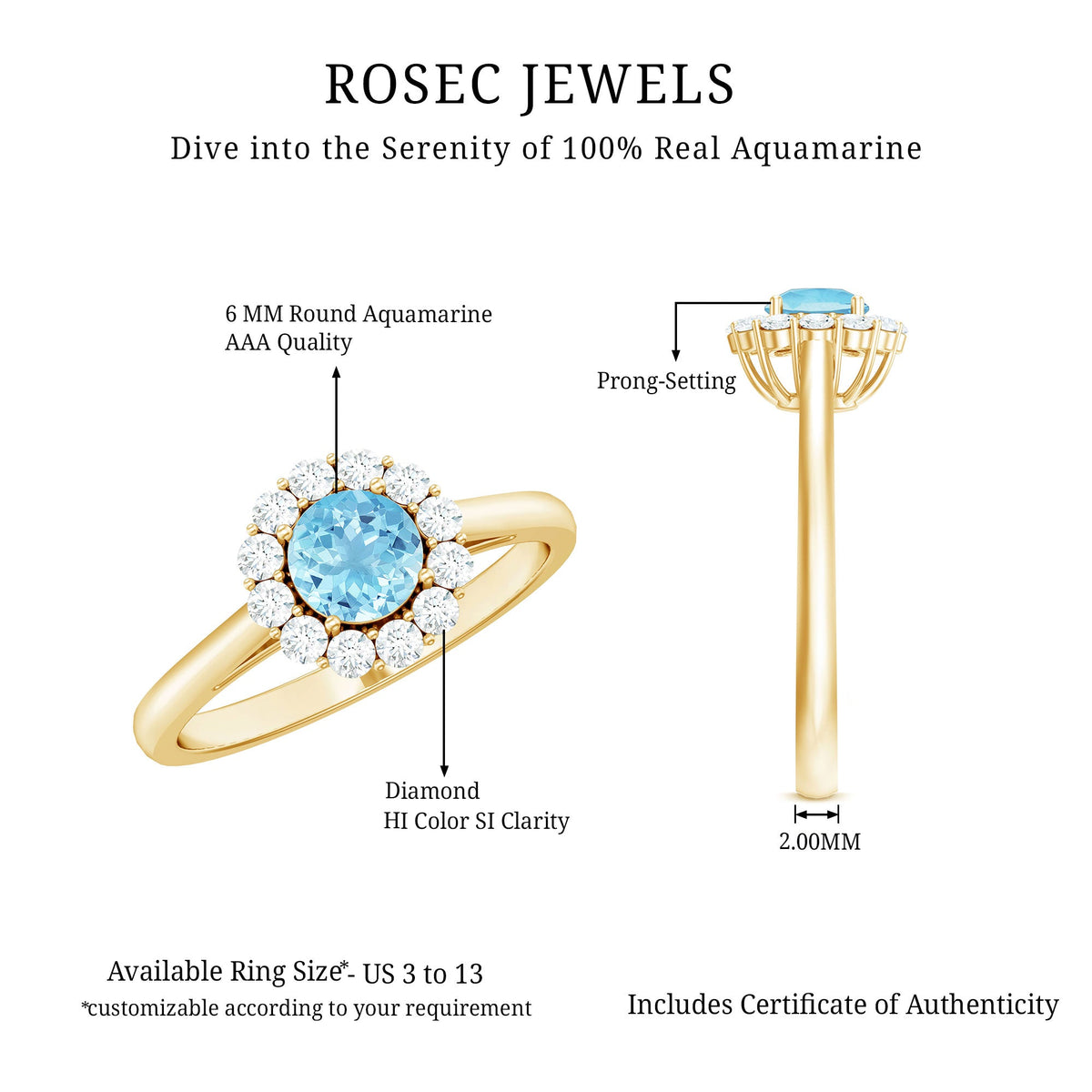1 CT aquamarine and diamond floating halo engagement ring by Rosec Jewels, showcasing a shimmering aquamarine center stone with diamond accents.