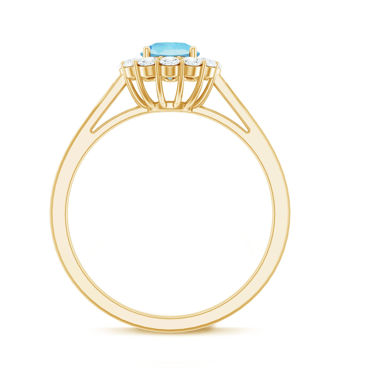 Aquamarine and diamond floating halo engagement ring by Rosec Jewels, showcasing a central aquamarine gemstone with surrounding diamonds.