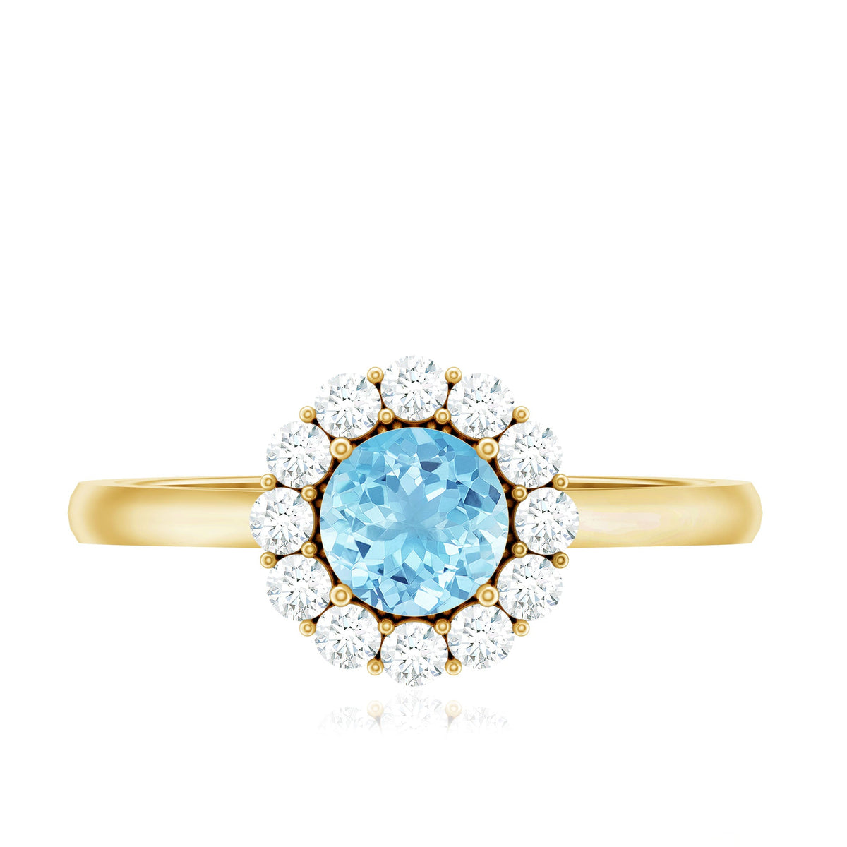 Aquamarine and diamond floating halo engagement ring by Rosec Jewels featuring a central aquamarine gemstone surrounded by a diamond halo.