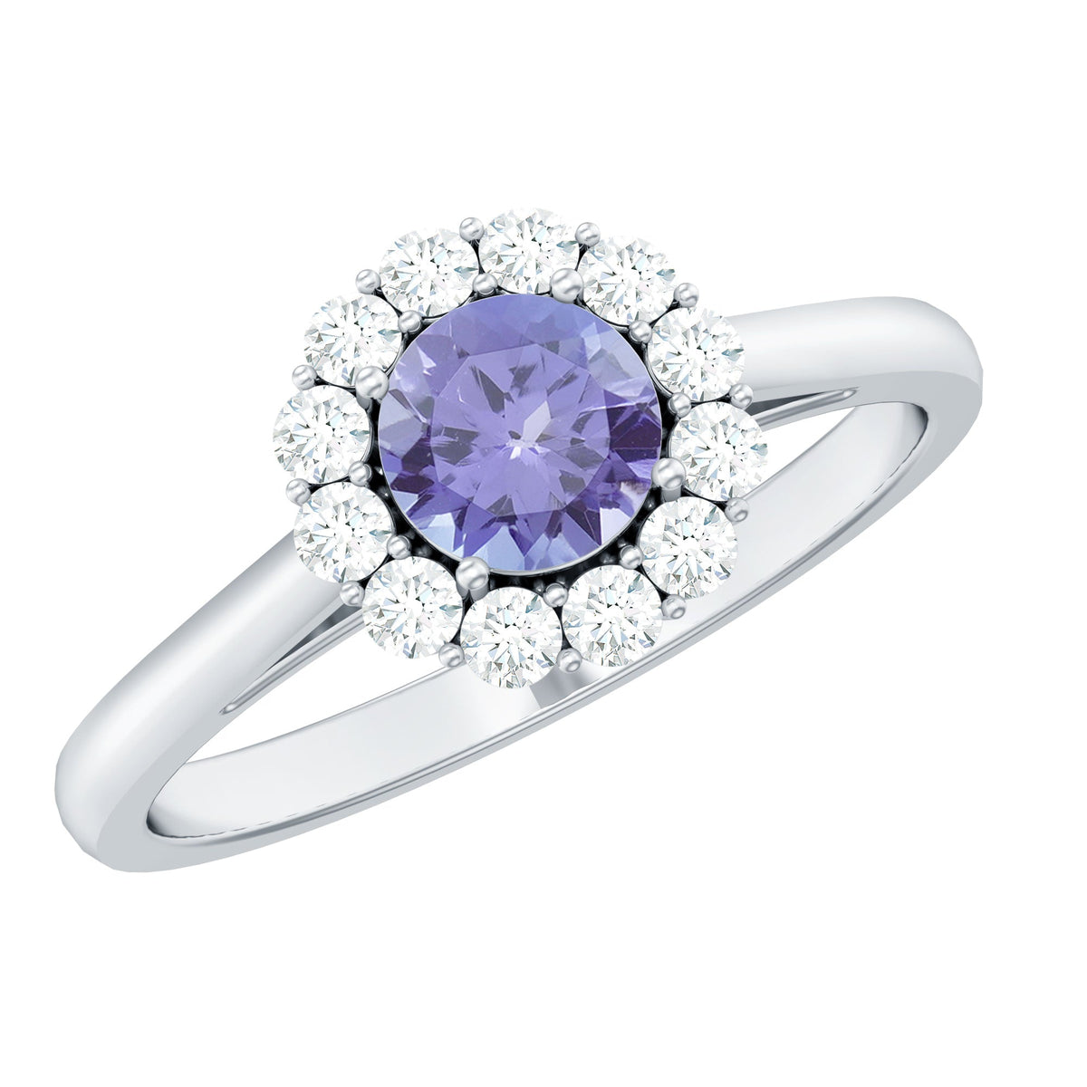 Genuine Tanzanite engagement ring with diamond halo from Rosec Jewels, showcasing a vibrant blue Tanzanite gemstone surrounded by sparkling diamonds.