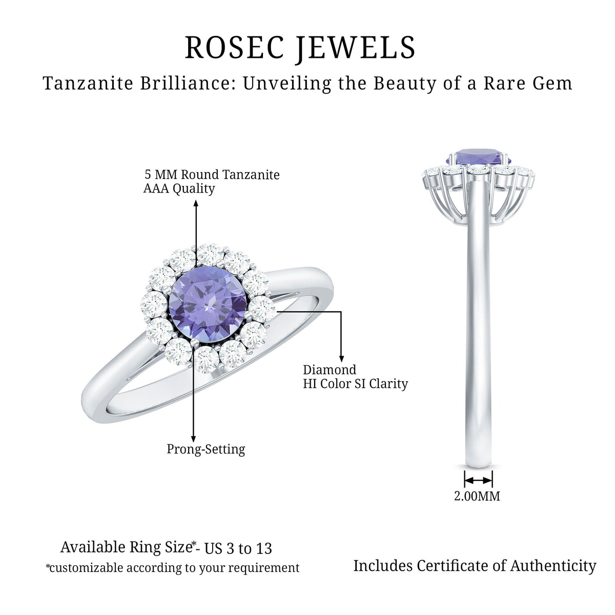 Genuine Tanzanite engagement ring with diamond halo, featuring a central violet-blue tanzanite stone and sparkling diamond accents.