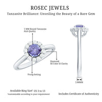 Genuine Tanzanite engagement ring with diamond halo, featuring a central violet-blue tanzanite stone and sparkling diamond accents.