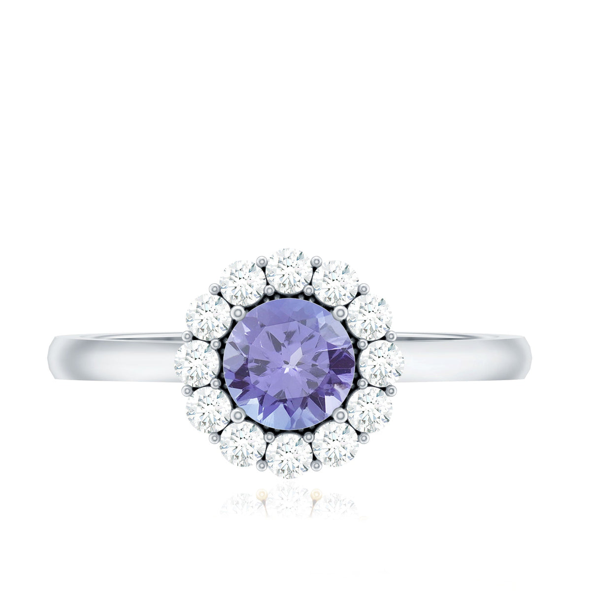 Genuine Tanzanite engagement ring with diamond halo from Rosec Jewels, showcasing a vibrant purple-blue center stone and sparkling side diamonds.