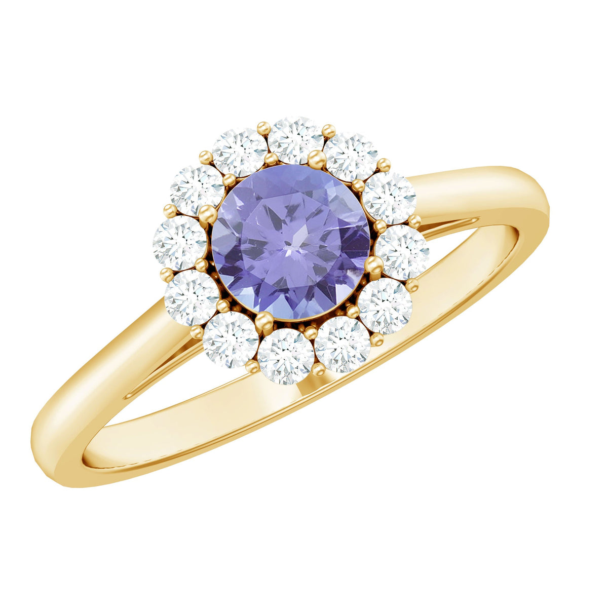 Genuine Tanzanite engagement ring with diamond halo, featuring a classic design and intricate detailing from Rosec Jewels.