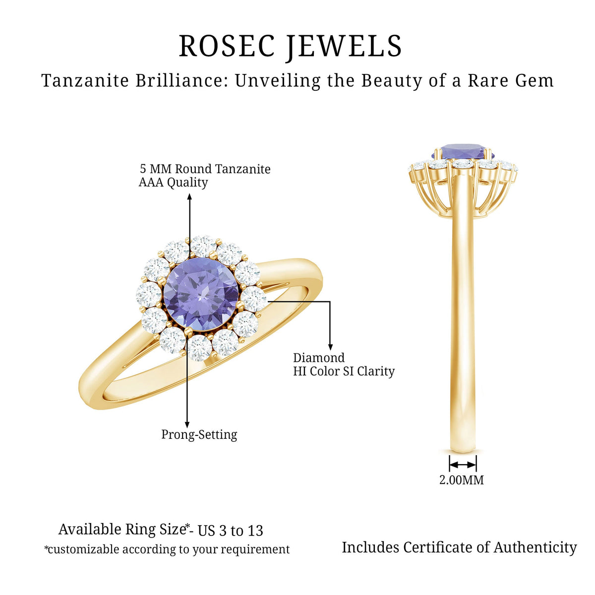 Genuine Tanzanite engagement ring with diamond halo and rose gold band from Rosec Jewels, showcasing the detailed gemstone setting.