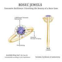 Genuine Tanzanite engagement ring with diamond halo and rose gold band from Rosec Jewels, showcasing the detailed gemstone setting.