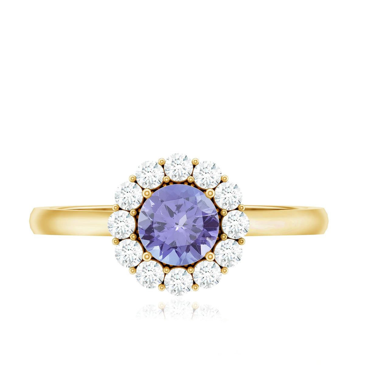 Genuine Tanzanite engagement ring with diamond halo and silver band, featuring intricate detailing and a sparkling center stone.