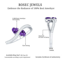 Natural heart-shaped amethyst engagement ring with diamond accents by Rosec Jewels, showcasing a delicate design and sparkling gemstones.