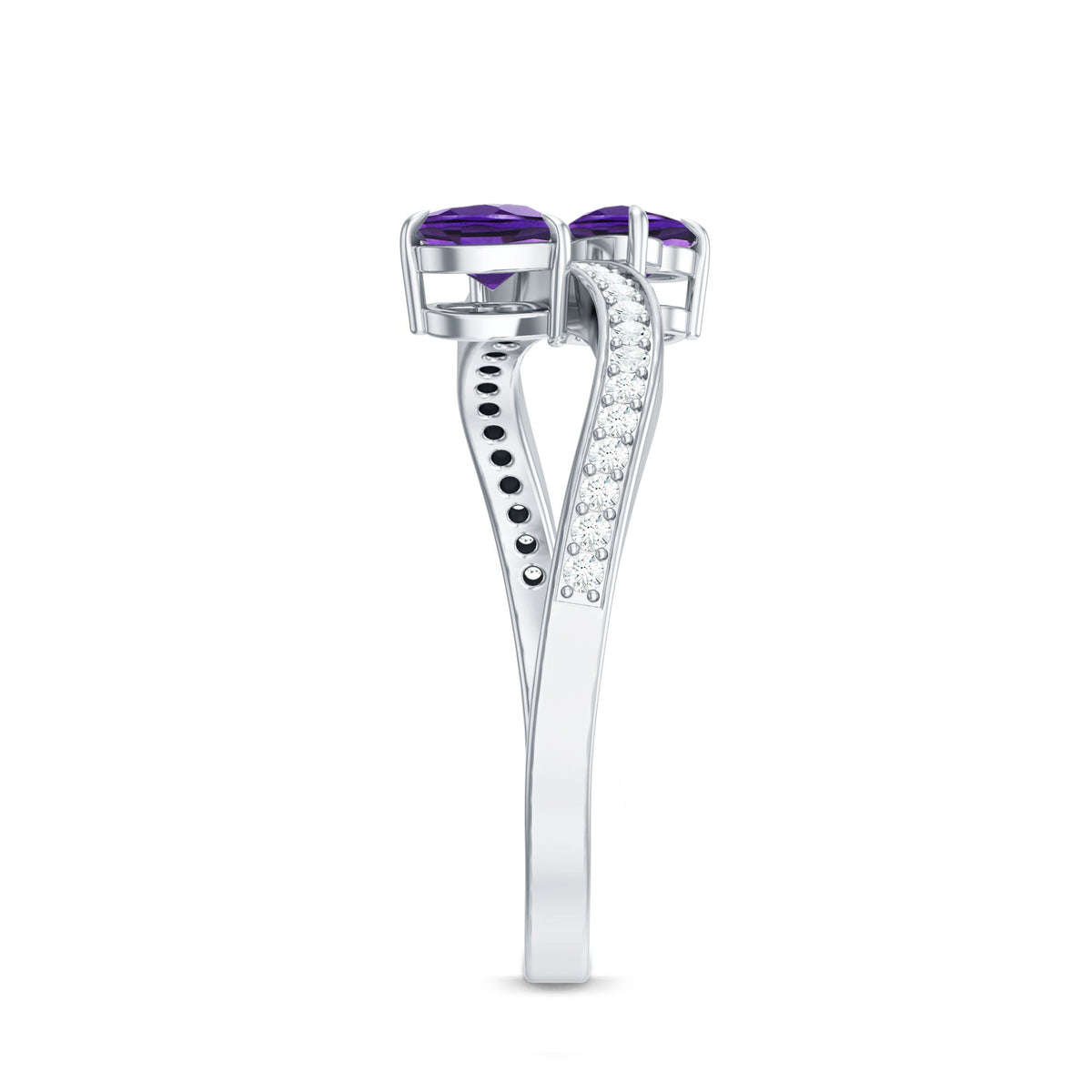 Natural heart-shaped amethyst Toi Et Moi engagement ring with diamond from Rosec Jewels, showcasing the detailed gemstone setting.