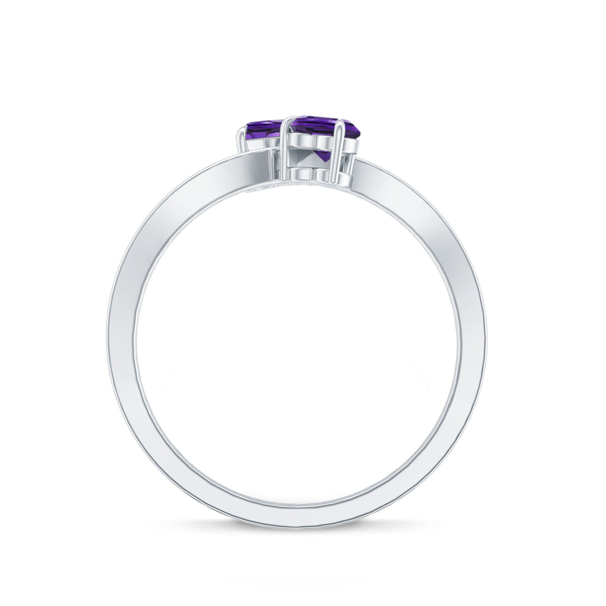 Natural heart-shaped amethyst Toi Et Moi engagement ring with diamonds by Rosec Jewels, showcasing a detailed view of the ring.
