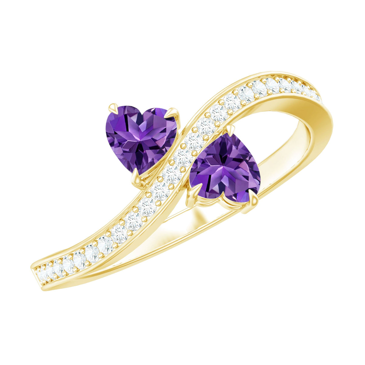 Natural heart-shaped amethyst engagement ring with diamond accents, crafted by Rosec Jewels, showcasing a unique toi et moi design.