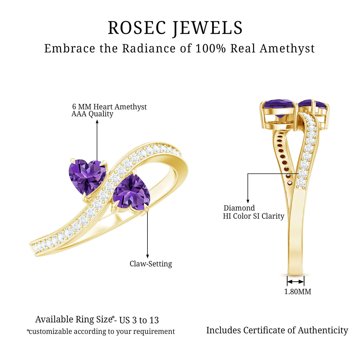 Natural heart-shaped amethyst Toi Et Moi engagement ring with diamond setting, crafted by Rosec Jewels.