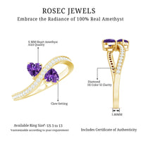 Natural heart-shaped amethyst Toi Et Moi engagement ring with diamond setting, crafted by Rosec Jewels.