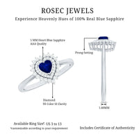Real 0.6 Carat Heart Shaped Blue Sapphire and Diamond Double Halo Engagement Ring