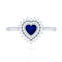 Real 0.6 Carat Heart Shaped Blue Sapphire and Diamond Double Halo Engagement Ring