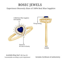 Real 0.6 Carat Heart Shaped Blue Sapphire and Diamond Double Halo Engagement Ring