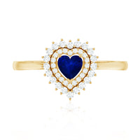 Real 0.6 Carat Heart Shaped Blue Sapphire and Diamond Double Halo Engagement Ring