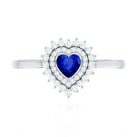Certified Lab Grown Blue Sapphire Heart Engagement Ring with Diamond Double Halo