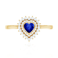 Certified Lab Grown Blue Sapphire Heart Engagement Ring with Diamond Double Halo