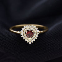 Real Garnet Heart Shaped Engagement Ring with Diamond Double Halo