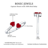 Real Heart Shape Ruby Toi Et Moi Promise Ring with Diamond