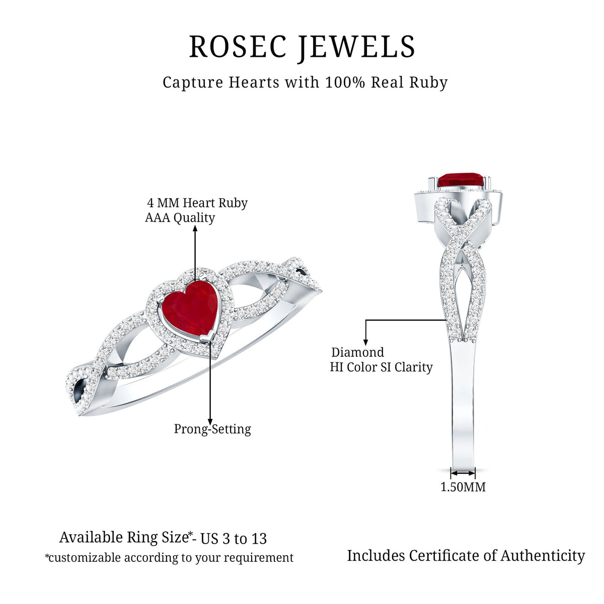 Natural Ruby Heart Promise Ring with Diamond Crossover Shank
