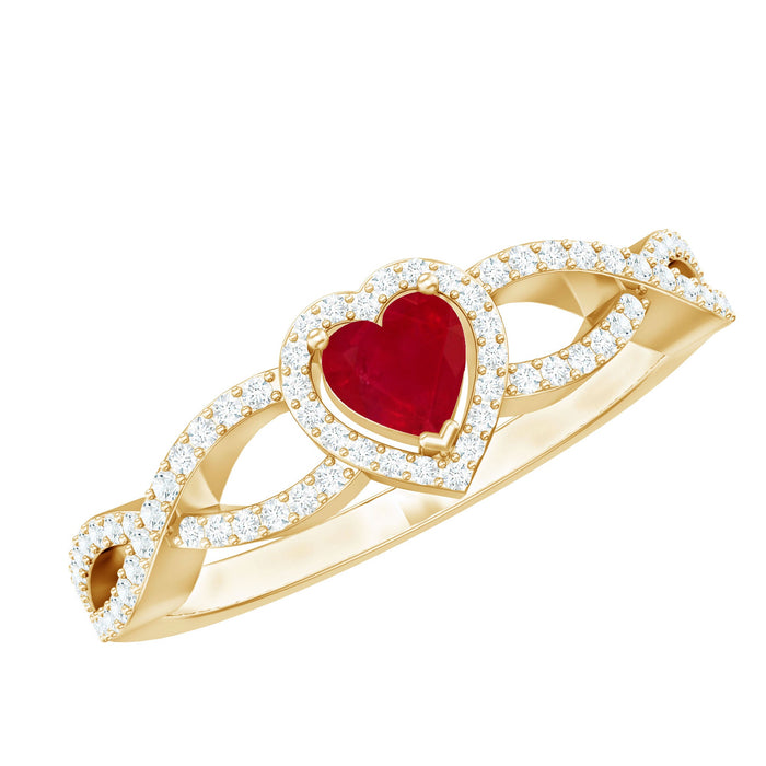 Natural Ruby heart promise ring with diamond accents and crossover shank, crafted by Rosec Jewels.