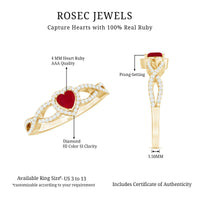 Natural Ruby Heart Promise Ring with Diamond Crossover Shank