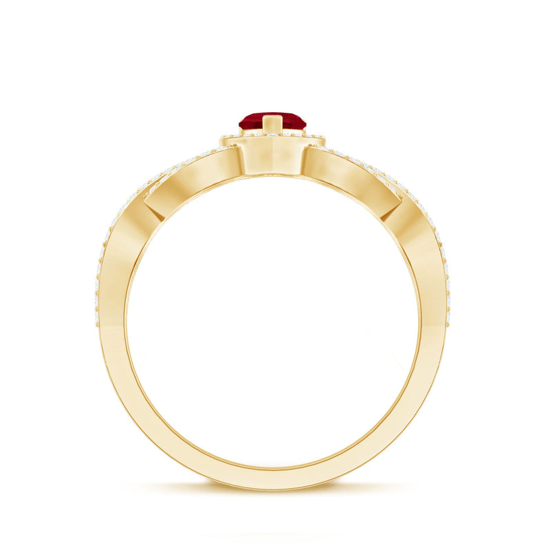 Natural ruby heart promise ring with diamond crossover shank, featuring a rose gold band and detailed gemstone setting.