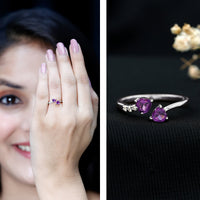 Natural Amethyst 2 Stone Heart Promise Ring with Diamond