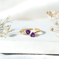 Natural Amethyst 2 Stone Heart Promise Ring with Diamond