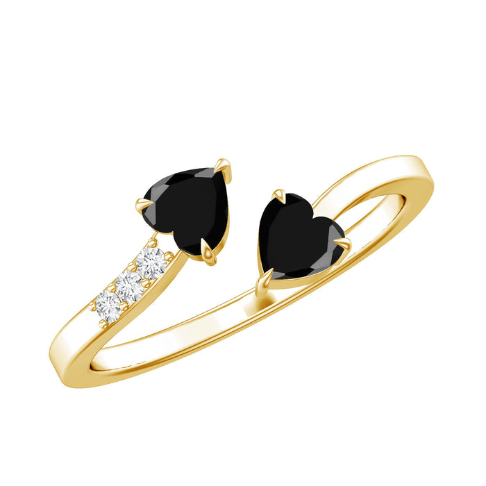 Genuine black onyx double heart promise ring with diamond accents, crafted by Rosec Jewels, featuring two heart-shaped designs.