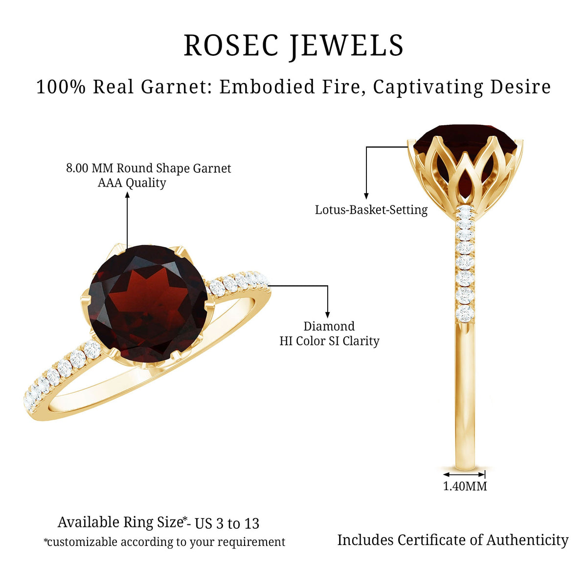Natural 8mm Garnet Solitaire Engagement Ring with Diamond