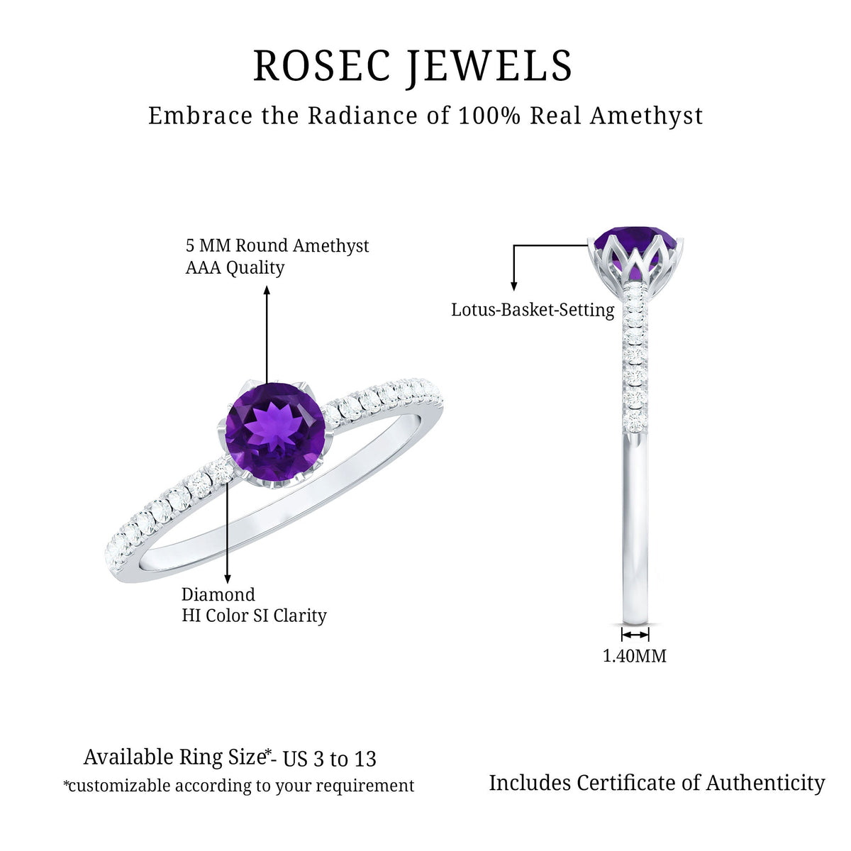 Genuine Amethyst Diamond Promise Ring for Women