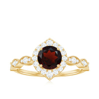 Vintage Looking Garnet Engagement Ring with Diamond Halo