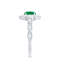 Natural Emerald Vintage Looking Engagement Ring with Diamond Halo