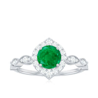 Natural Emerald Vintage Looking Engagement Ring with Diamond Halo