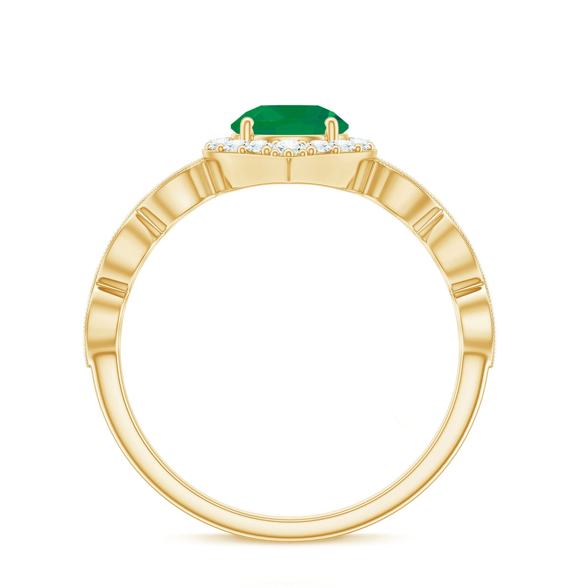 Natural Emerald Vintage Looking Engagement Ring with Diamond Halo