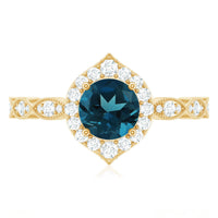 London Blue Topaz Vintage Halo Engagement Ring with Diamond