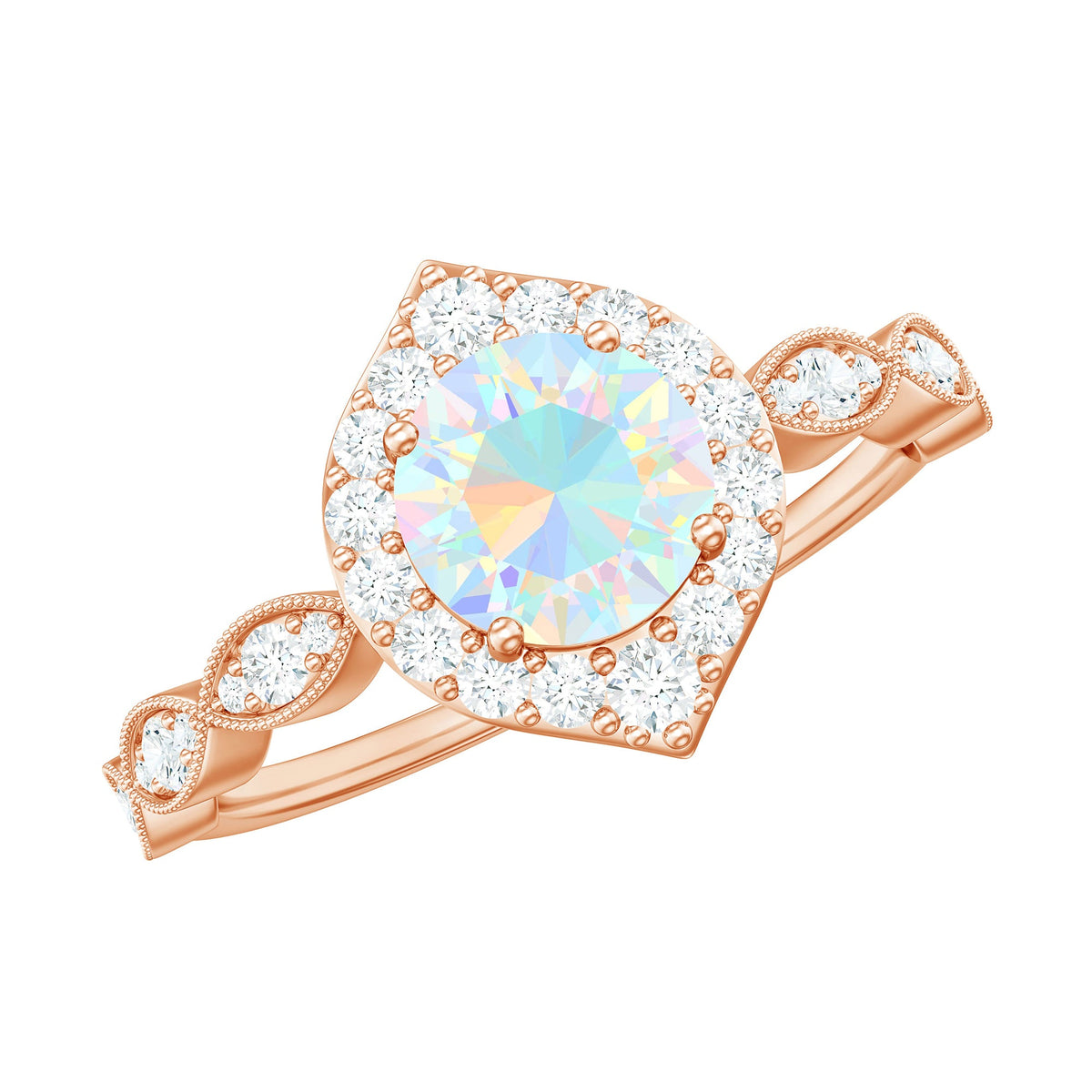 Vintage Ethiopian Opal engagement ring with real diamond halo from Rosec Jewels, featuring a detailed gold band and vibrant opal center.
