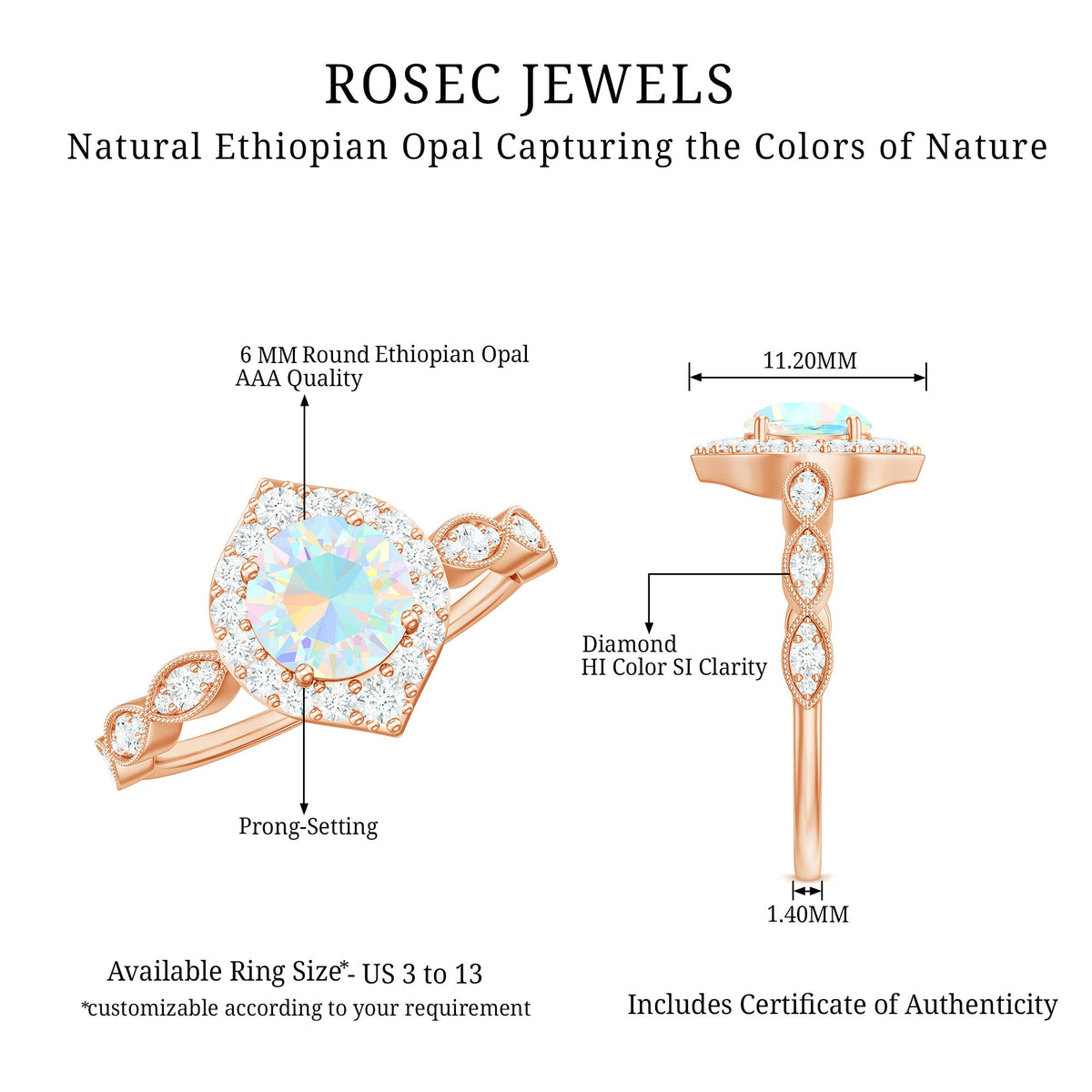Vintage Ethiopian opal engagement ring with real diamond halo, featuring intricate design and rose gold band from Rosec Jewels.