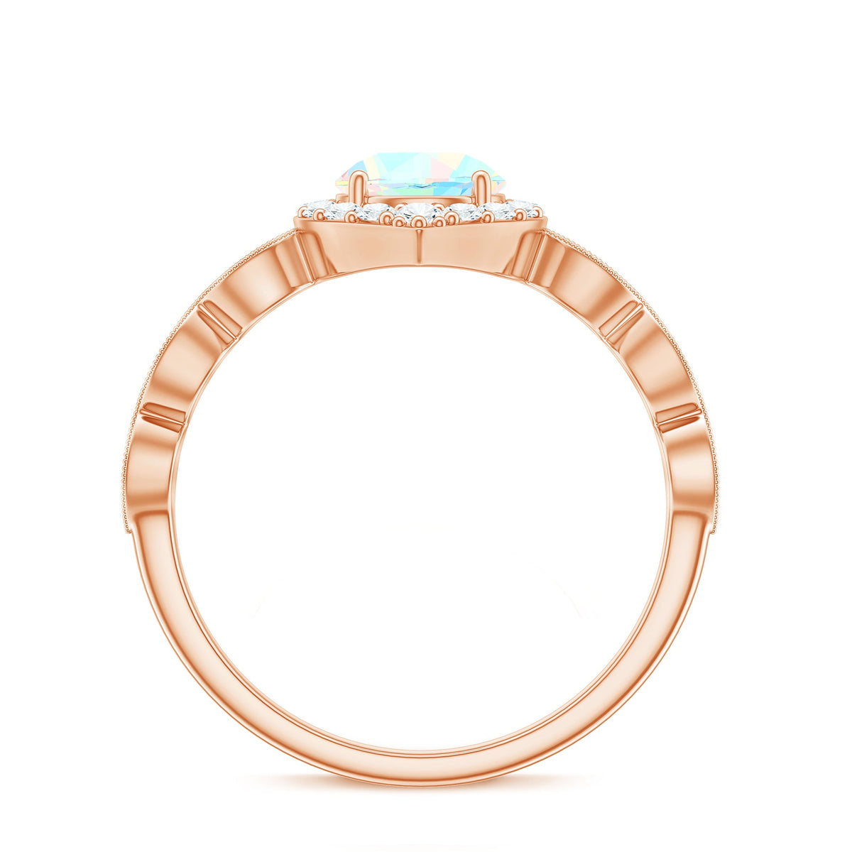Vintage Ethiopian Opal engagement ring with real diamond halo, featuring intricate design and rose gold setting from Rosec Jewels.