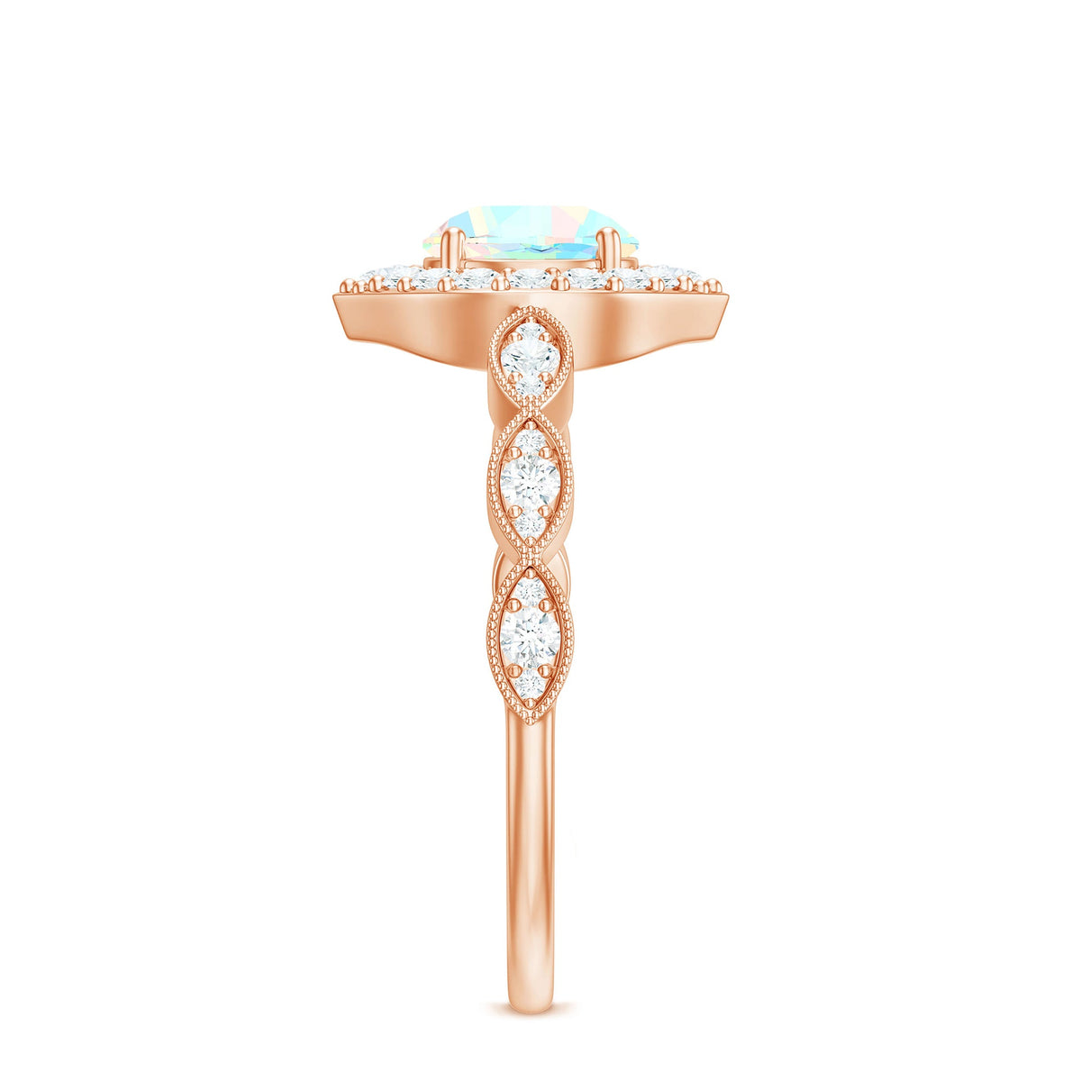 Vintage Ethiopian Opal engagement ring with real diamond halo, featuring a rose gold band from Rosec Jewels.