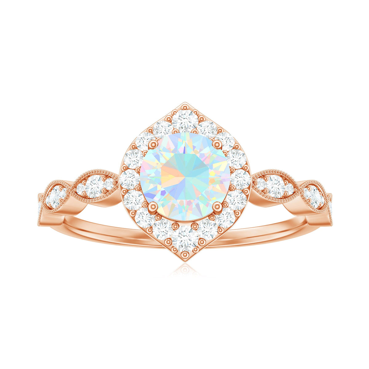 Vintage Ethiopian opal engagement ring with real diamond halo, featuring intricate design and sterling silver band from Rosec Jewels.